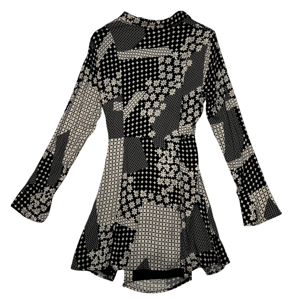 Free People Black Miki Patchwork Dress Women L Tie Front Cut Out Long Sleeve - Picture 3 of 13